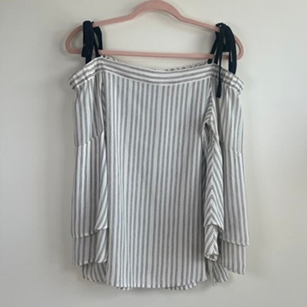 Loft Off Shoulder Tier Bell Sleeve Blouse Ribbon Striped White Black Size Small